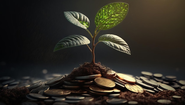 Rosnąca roślina pieniężna na monety Finanse i koncepcja inwestycji Generative ai
