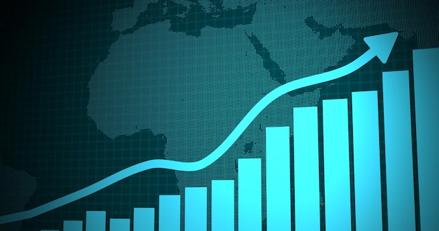 Zdjęcie rosnąca strzałka nad linią kropki wykres biznesowy mapy świata przedstawiający wzrost strzałki sukces biznesowy rosnącej strzałki strzałki wzrostu koncepcja biznesowa