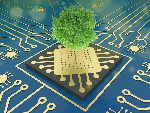 Rosnące drzewo rosnące na skrzyżowaniu płyty obwodowej komputera Micro Scheme i Cpu 3d