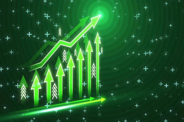 Rosnące zielone strzały wykresu biznesowego na niewyraźnym ciemnym tle bokeh Trend sukcesu i koncepcja wzrostu finansowego Rendering 3D
