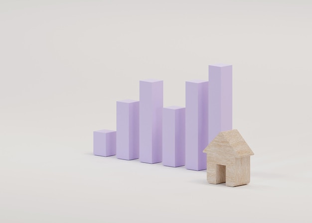 Rosnący wykres sprzedaży domów w renderowaniu 3d