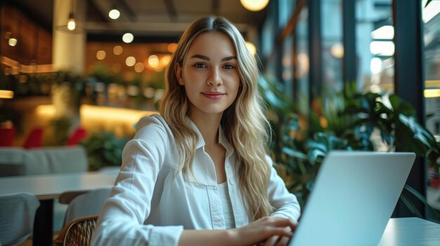 Zdjęcie rosyjska bizneswoman używa laptopa w nowoczesnym biurze