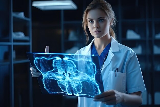 Zdjęcie rosyjska lekarzka trzyma niebieski arkusz skanowania kości