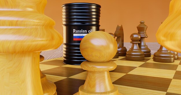 Rosyjska ropa naftowa beczka tło Flaga Rosji na beczce z drutem kolczastym sankcje na język rosyjski