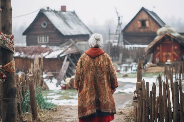 Zdjęcie rosyjska staruszka zimowa stara wieś generuj ai
