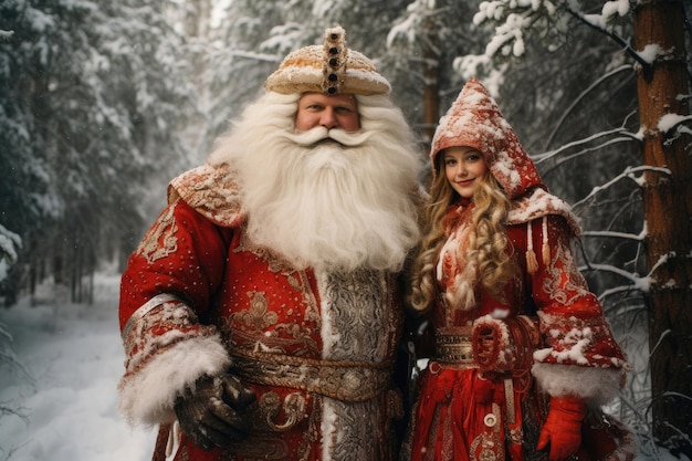 Rosyjski Ded Moroz i Rosyjska Śnieżna Dziewczyna w zimowym lesie