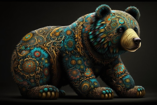 rosyjski futrzany niedźwiedź. długie skręcone futro. hohloma, malarstwo, duży HD kolorowy
