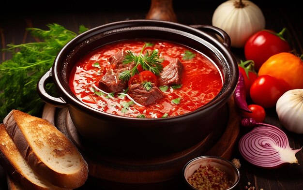 Zdjęcie rosyjsko-ukraińska borscht beauty topview of traditional red soup