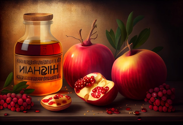 Rosz ha-szana koncepcja żydowskiego święta jabłka miód granat generowanie Ai