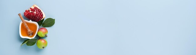 Rosz Haszana Miód słoik plaster miodu jabłko i granat na prostym niebieskim tle Żydowski nowy rok świąteczna kartka z życzeniami Rosz Haszana atrybuty wakacje transparent
