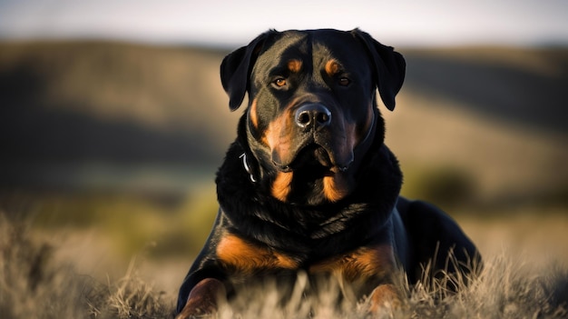 Rottweiler jego muskularna sylwetka doskonale kontrastuje z otwartym polem. Oczy, w których odbija się ciepłe słońce, wyrażają wrodzoną inteligencję i lojalność