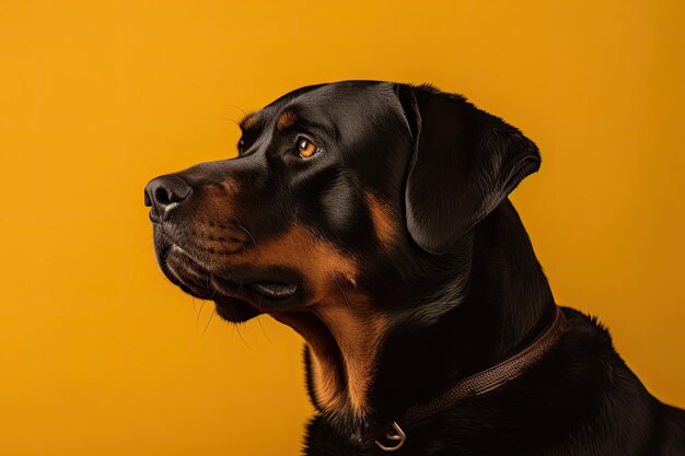 Rottweiler siedzi przed żółtym tłem.