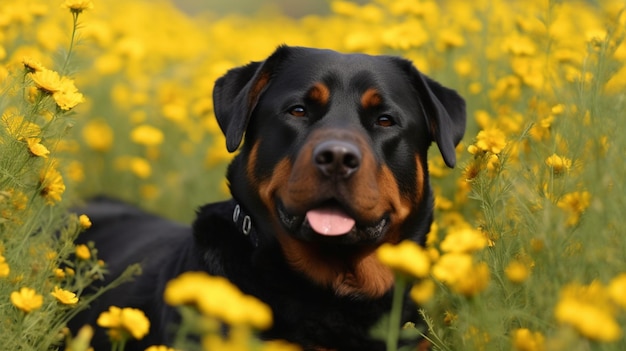 Rottweiler w polu kwiatów