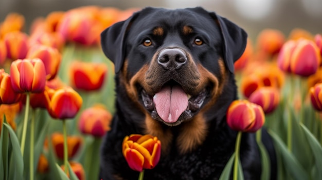 Rottweiler w polu tulipanów