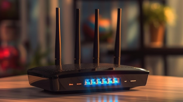 Router Wi-Fi z niebieskim wyświetlaczem z napisem Wi-Fi.