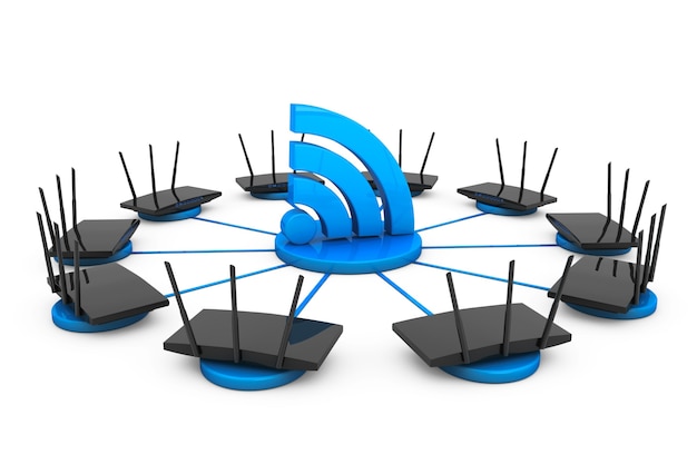Routery wokół znaku Wi-Fi na białym tle