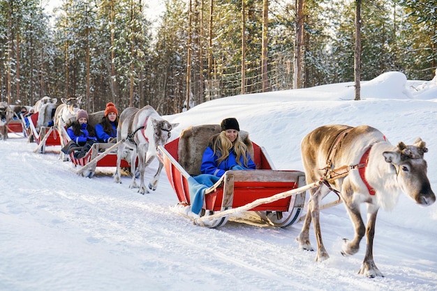 Rovaniemi, Finlandia - 5 marca 2017: Reniferowe sankach karawana safari i ludzie w zimowym lesie w Rovaniemi, Laponia, Północna Finlandia.