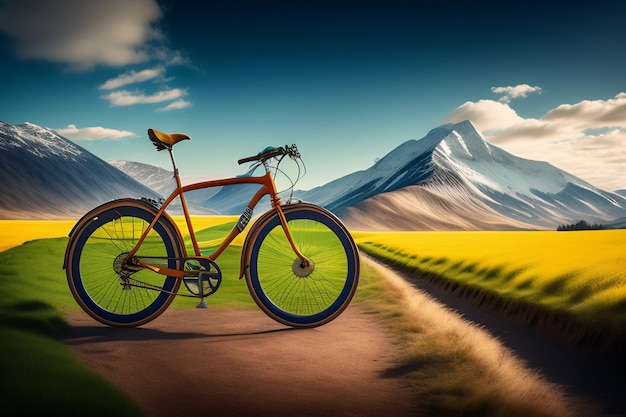 Rower górski jest zaparkowany na polnej drodze przed górskim krajobrazem.
