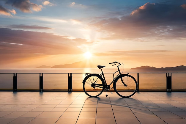 Rower na balkonie z zachodem słońca w tle