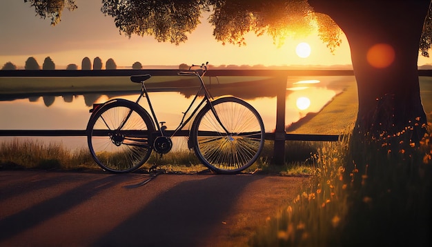 Rower stoi na polu w pobliżu stawu podczas zachodu słońca Generative AI