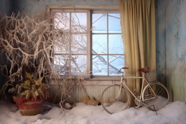 Rower ukryty w zaspie śnieżnej w pobliżu zamarzniętego okna stworzony za pomocą generatywnej sztucznej inteligencji
