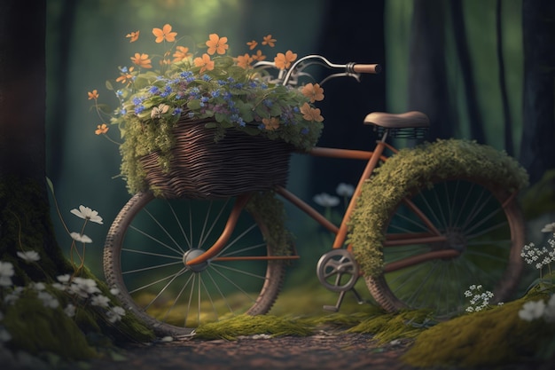 Rower z koszem kwiatów w lesie Generative AI