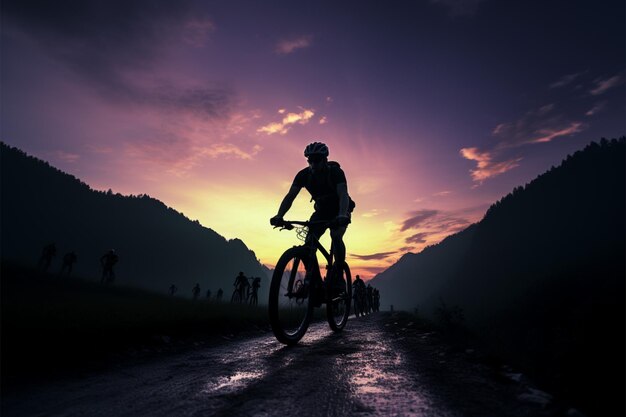 Rowerzyści przejeżdżają przez góry w zmierzchu, uchwycając spokojne wieczorne piękno.