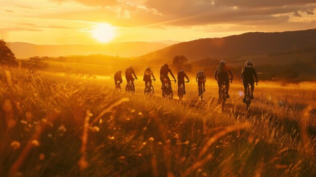Rowerzyści przejeżdżają przez złote pola o zachodzie słońca Zachodzące słońce rzuca ciepły złoty blask na rowerzystów, którzy przejeżdżają przez pola, uchwycając esencję idealnego końca dnia