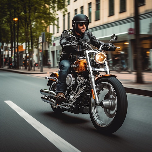 Rowerzysta jadący po mieście na motocyklu, który wygląda jak Harley Davidson