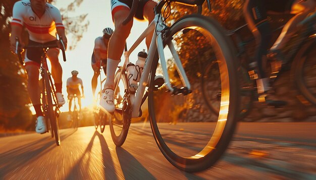 Zdjęcie rowerzysta jeździ po drodze z innymi rowerzystami na tle