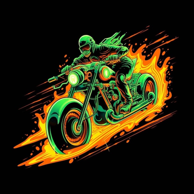 Zdjęcie rowerzysta na motocyklu z płomieniami na twarzy.