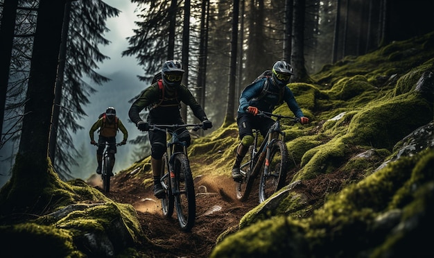 Rowerzysta na rowerze górskim jeździ na rowerze górskim z przyjaciółmi szlakiem w mglistym lesie