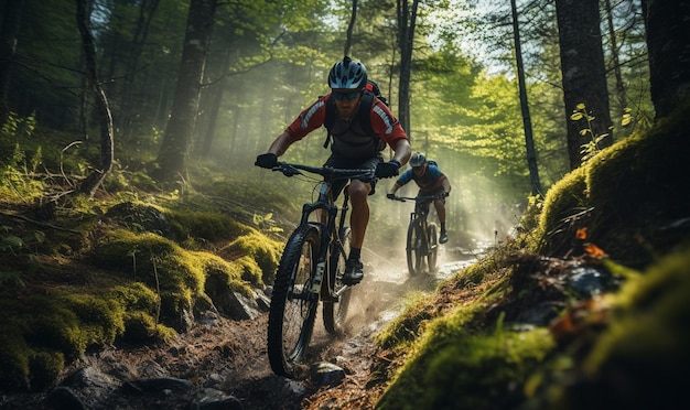 Rowerzysta na rowerze górskim jeździ na rowerze górskim z przyjaciółmi szlakiem w mglistym lesie