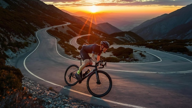 Rowerzysta na rowerze o zachodzie słońca na górskiej drodze