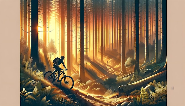 Rowerzysta przejeżdżający przez bujny las z promieniami słonecznymi filtrującymi się przez drzewa