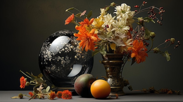 Zdjęcie równoległe położenie przedmiotów świetliwy wazon pomarańczowych kwiatów