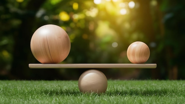 Równowaga drewniana z jedną dużą piłką i jedną małą piłką, koncepcja harmonii i równowagi 3d illustra