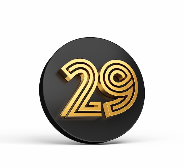 Zdjęcie royal gold modern font elite 3d digit letter 29 dwadzieścia dziewięć na czarnym przycisku 3d ikona ilustracja 3d