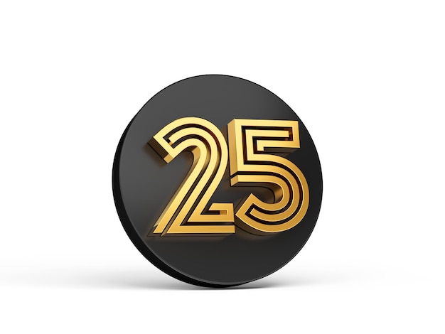 Royal Gold Nowoczesna czcionka Elite 3D Digit Letter 25 Dwadzieścia pięć na czarnym przycisku 3d ikona ilustracja 3d