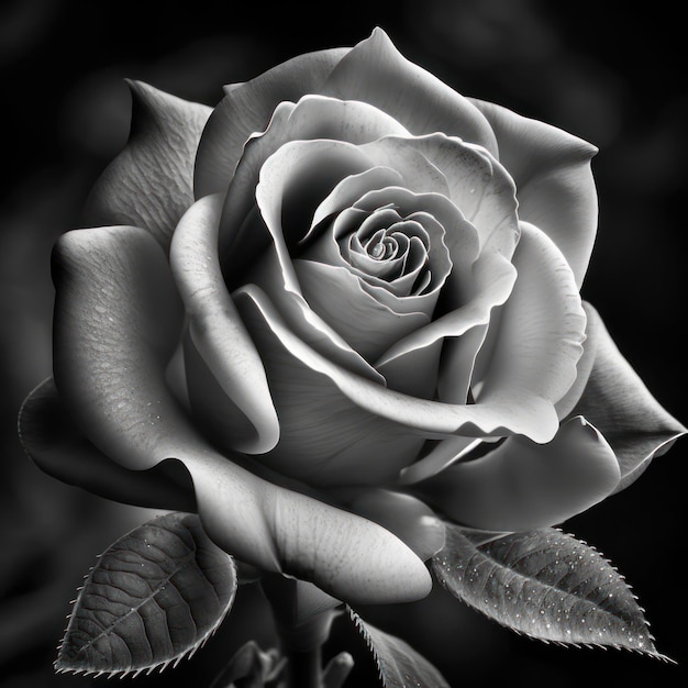 Róża, która jest czarno-biała i ma na sobie liść.