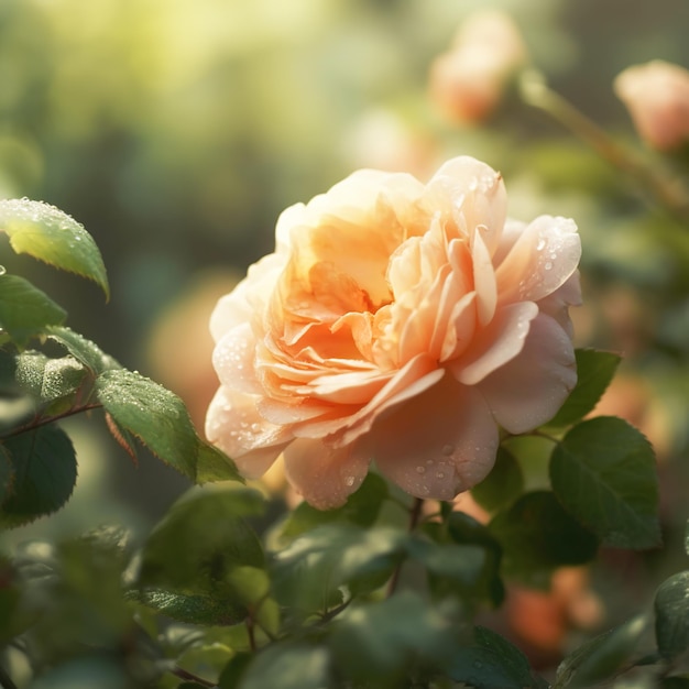Róża kwitnie w słońcu, a liście są zielone.