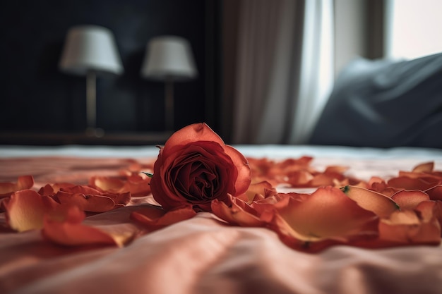 Róża na łóżku w pokojach hotelowych AI