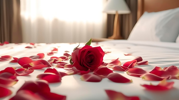Róża na łóżku w pokojach hotelowych Róża i jej płatki na łóżku na romantyczny wieczór w ramach koncepcji miesiąca miodowego AI Generative