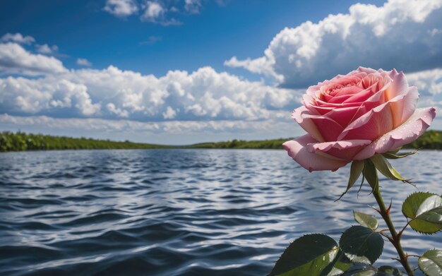 Zdjęcie róża z płynącą wodą i niebem na tle