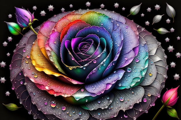 róża z tęczowymi kolorowymi diamentami czarnym tłem