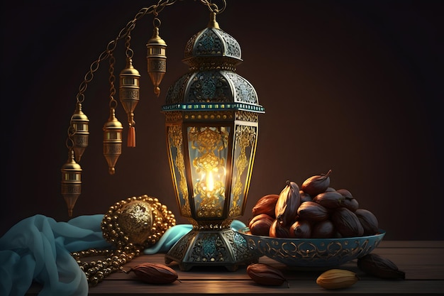 Różaniec lampy ramadan i daty Świąteczne dekoracje tła generatywnego ai