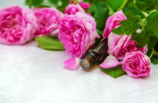 Zdjęcie różany olejek eteryczny w małej butelce. selektywne skupienie. natura.