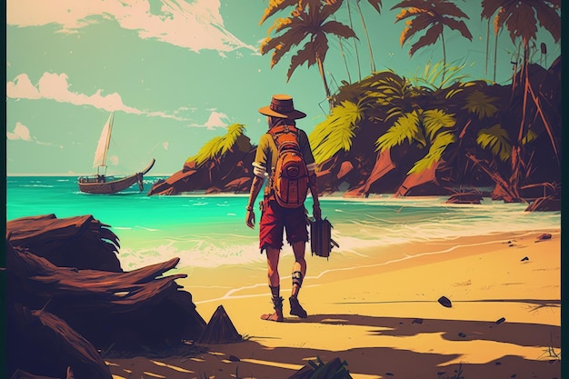 Rozbitek utknął na plaży na wyspie Koncepcja fantasy Obraz ilustracyjny Generative AI