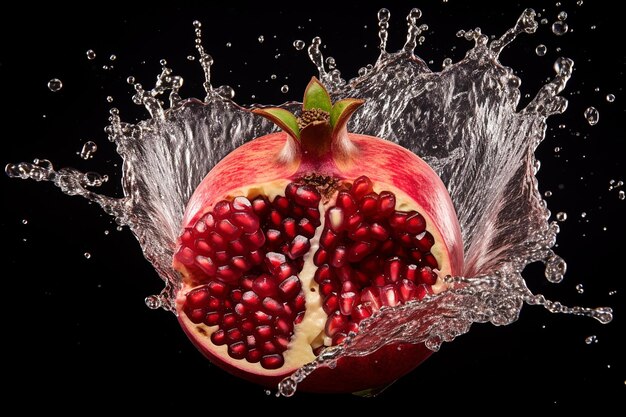 Rozcięte pod wodą granatowe jabłko uchwycające nasiona w ruchu
