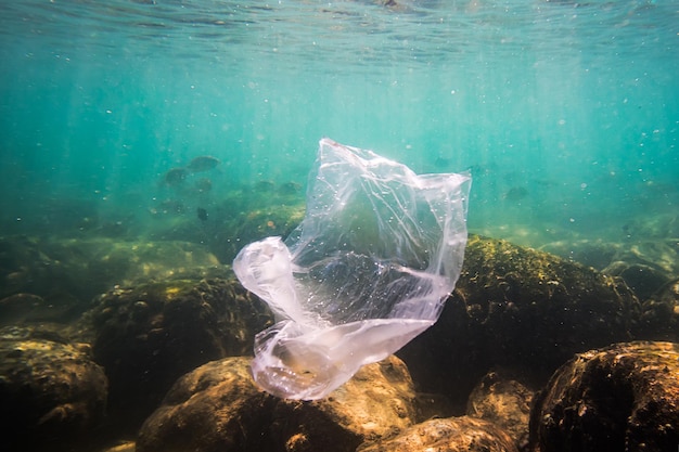 Rozdrobniona plastikowa torba dryfująca pod powierzchnią błękitnego tropikalnego oceanu Zła ekologia wody morskiej zanieczyszczenie środowiska śmieci pod wodą